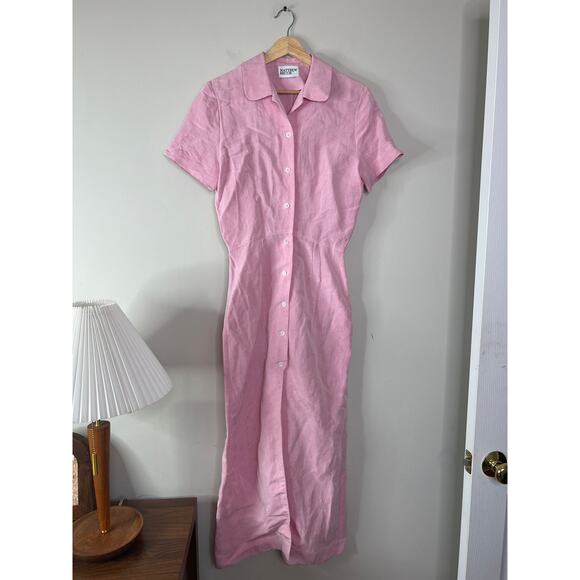 NEW Matthew Bruch Shirt Dress Linen Button Collared Midi Dress Pink Size: 2 - Picture 2 of 7